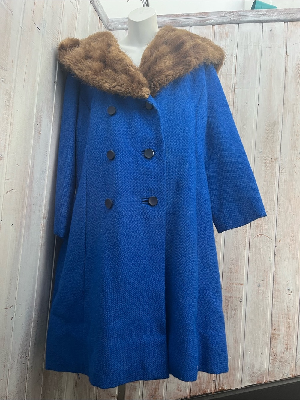 Vintage Handmade Cobalt Blue Wool Coat Genuine Fur Collar